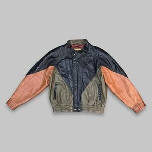 I.O.U Leather Collection Men’s Colorblock Leather Bomber Jacket – Size L